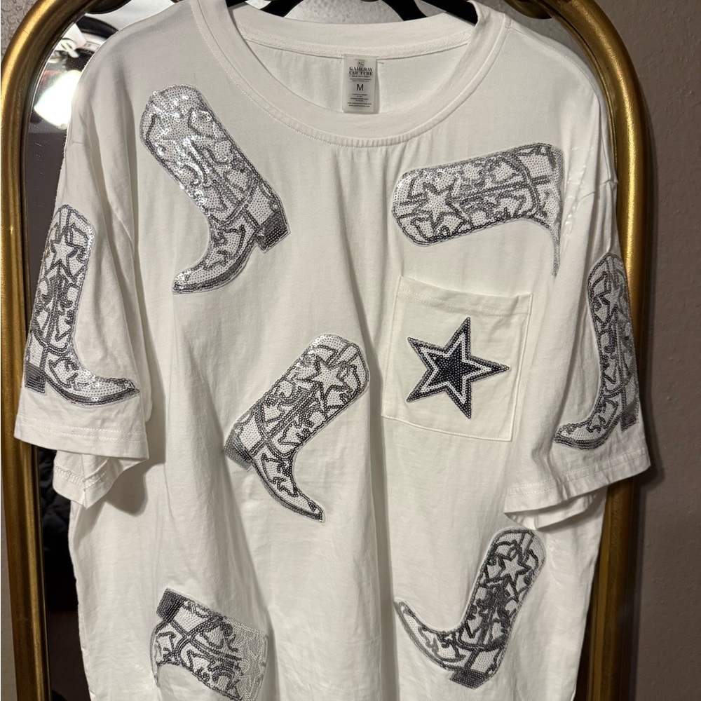 Dallas Cowboys  White Tee with Silver Boots Accents